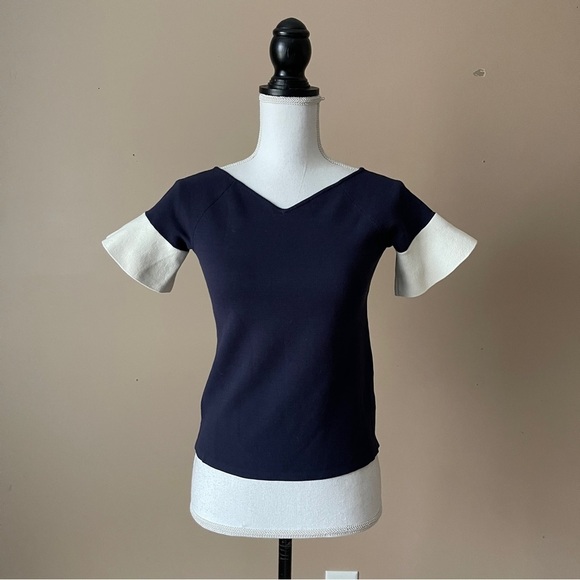 ANN TAYLOR | Navy Blue Bell Short Sleeve Stretchy Blouse Sz SP - Picture 2 of 8